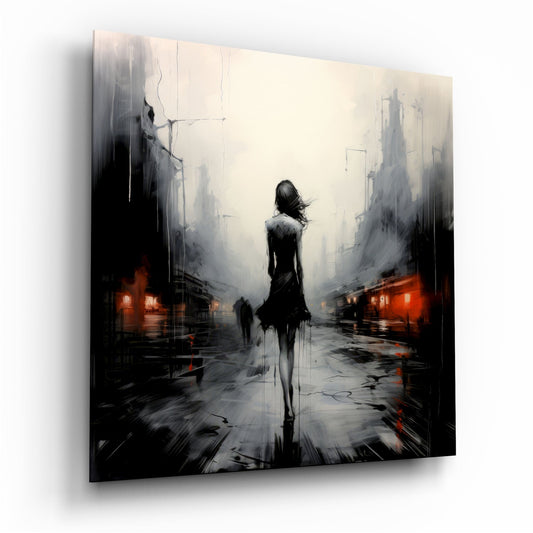 Solitary figure standing in rainy urban street with red lights, misty buildings, and motion blur on glass wall art panel.