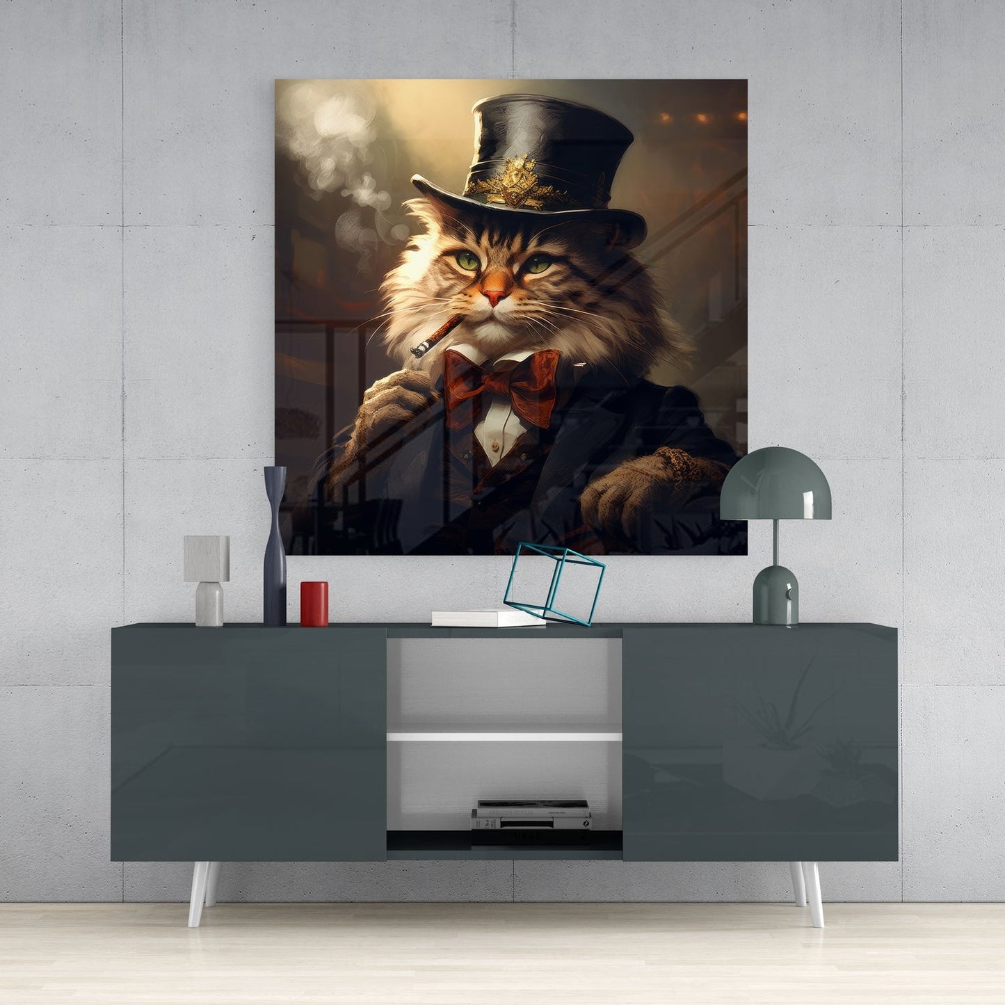 Stylized cat in top hat and red bow tie smoking a cigar, displayed as glass wall art above a gray media console.