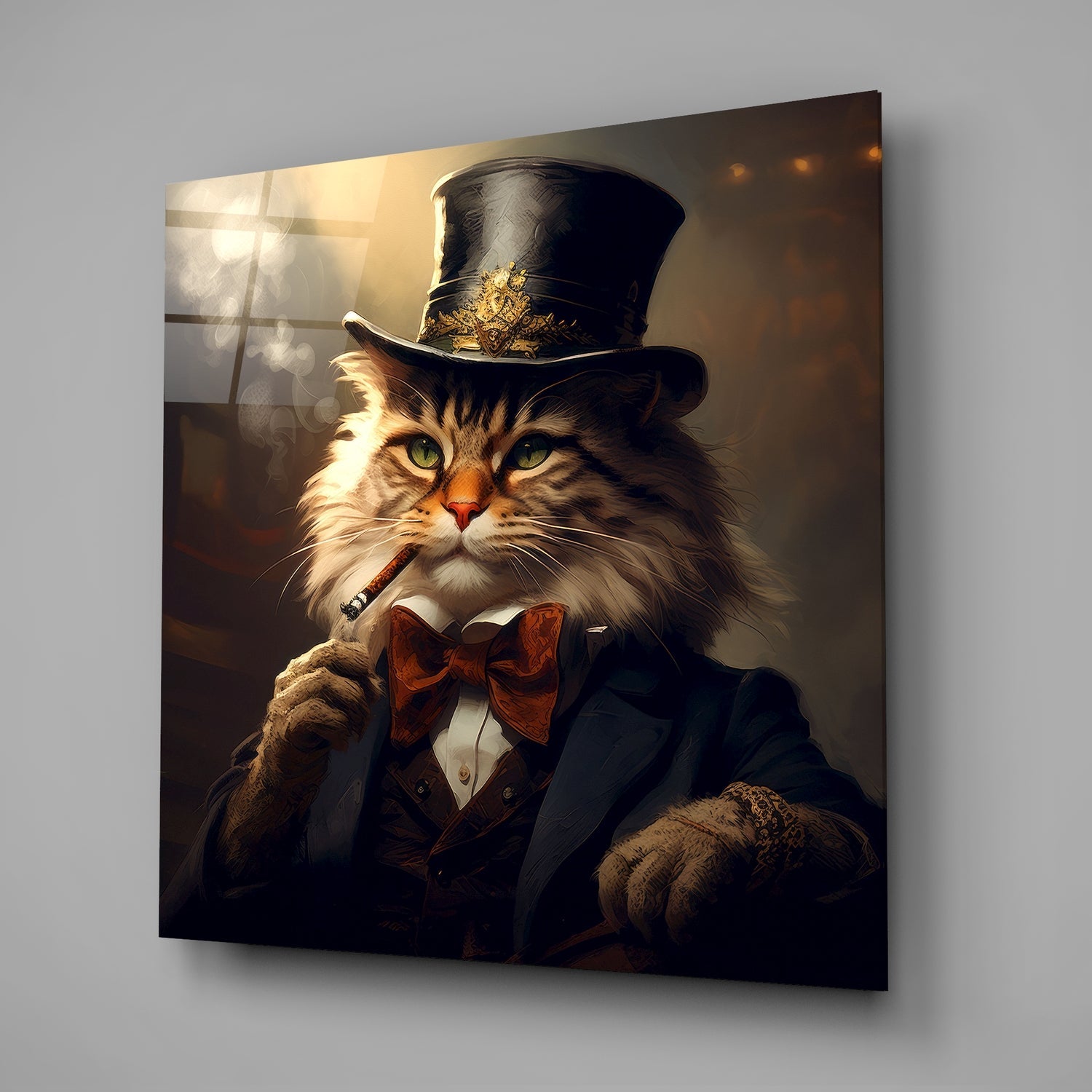 A sophisticated tabby cat wearing a black top hat with gold emblem, red bow tie, and smoking a cigar, depicted on a glass wall panel with warm golden lighting.