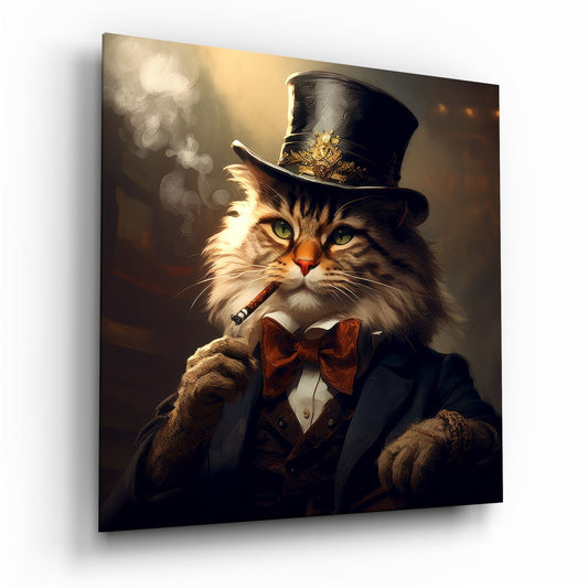 Elegant tabby cat wearing a black top hat with gold trim, red bow tie, and smoking a cigar against a warm golden-brown background on glass wall art.