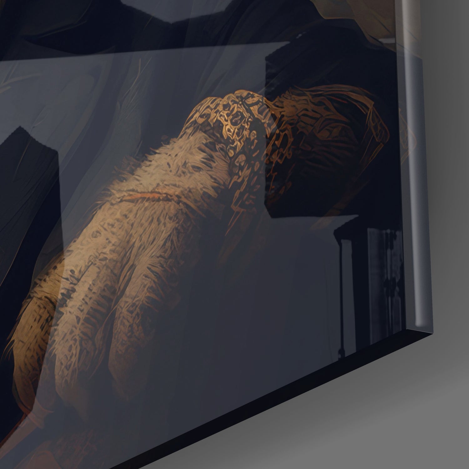 Glass wall art panel displaying a detailed illustration of a cat's head in brown and tan tones against a dark background, angled view.