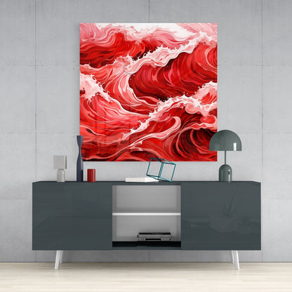Red fluid abstract glass wall art mounted above a dark gray media console in a modern interior setting.