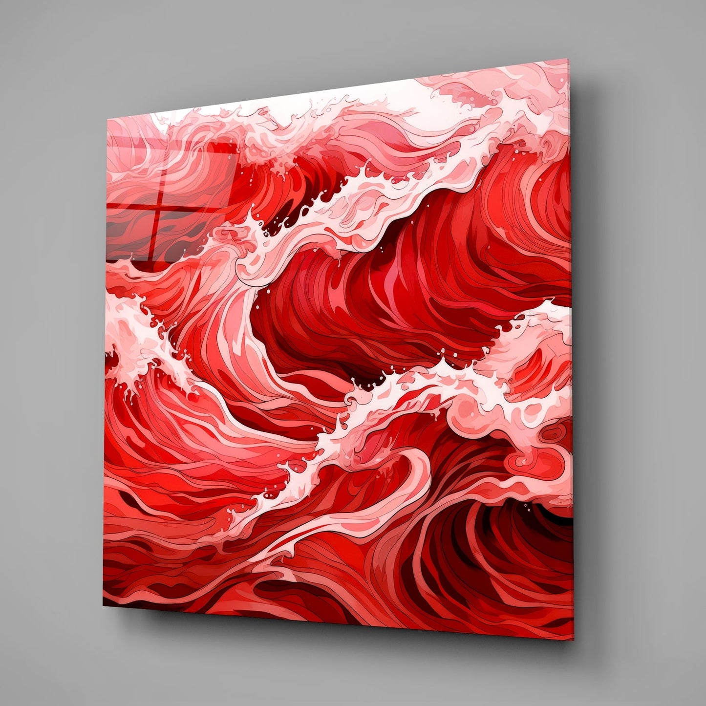 Angled perspective of red and white layered glass wall art showing dimensional wave patterns with deep red centers and pale pink edges against gray background.