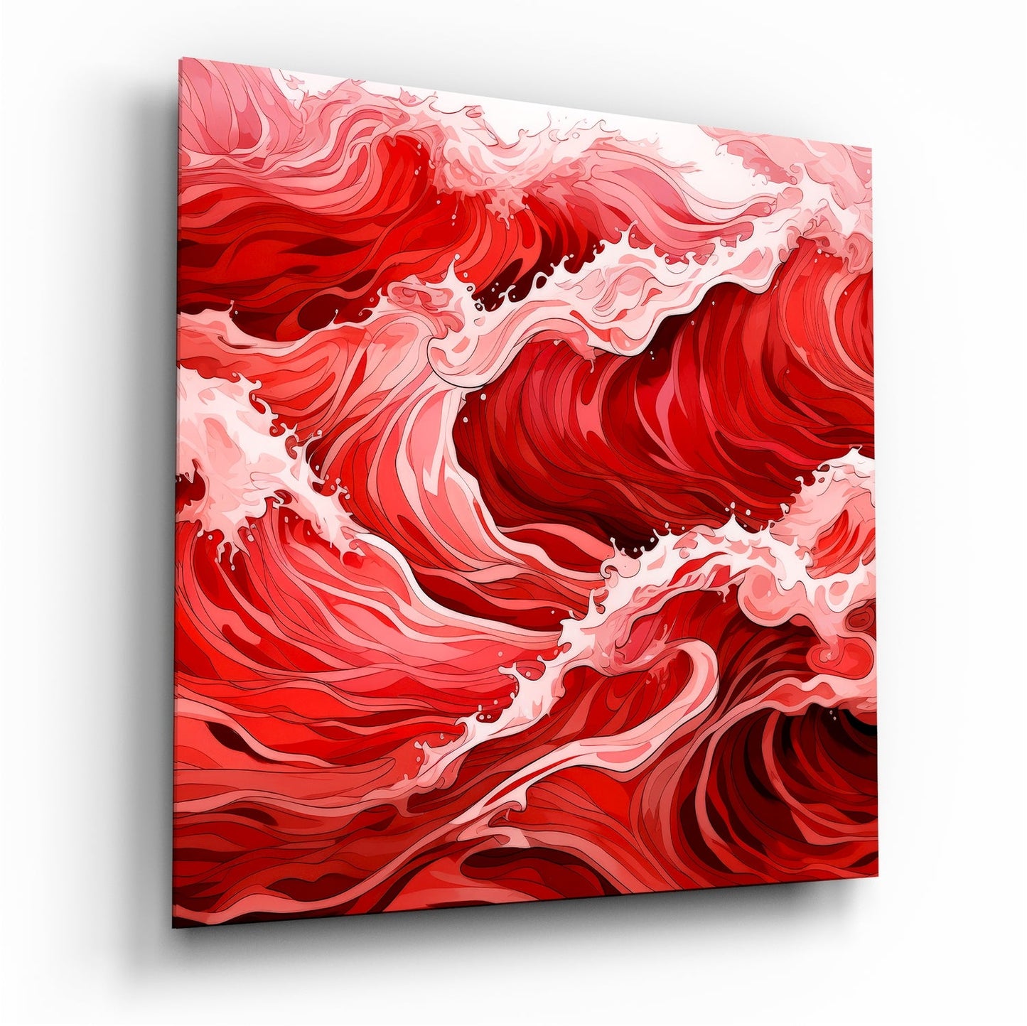 Red and white layered glass wall art with swirling wave patterns, displayed at an angled perspective.