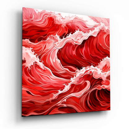 Red and white layered glass wall art with swirling wave patterns, displayed at an angled perspective.