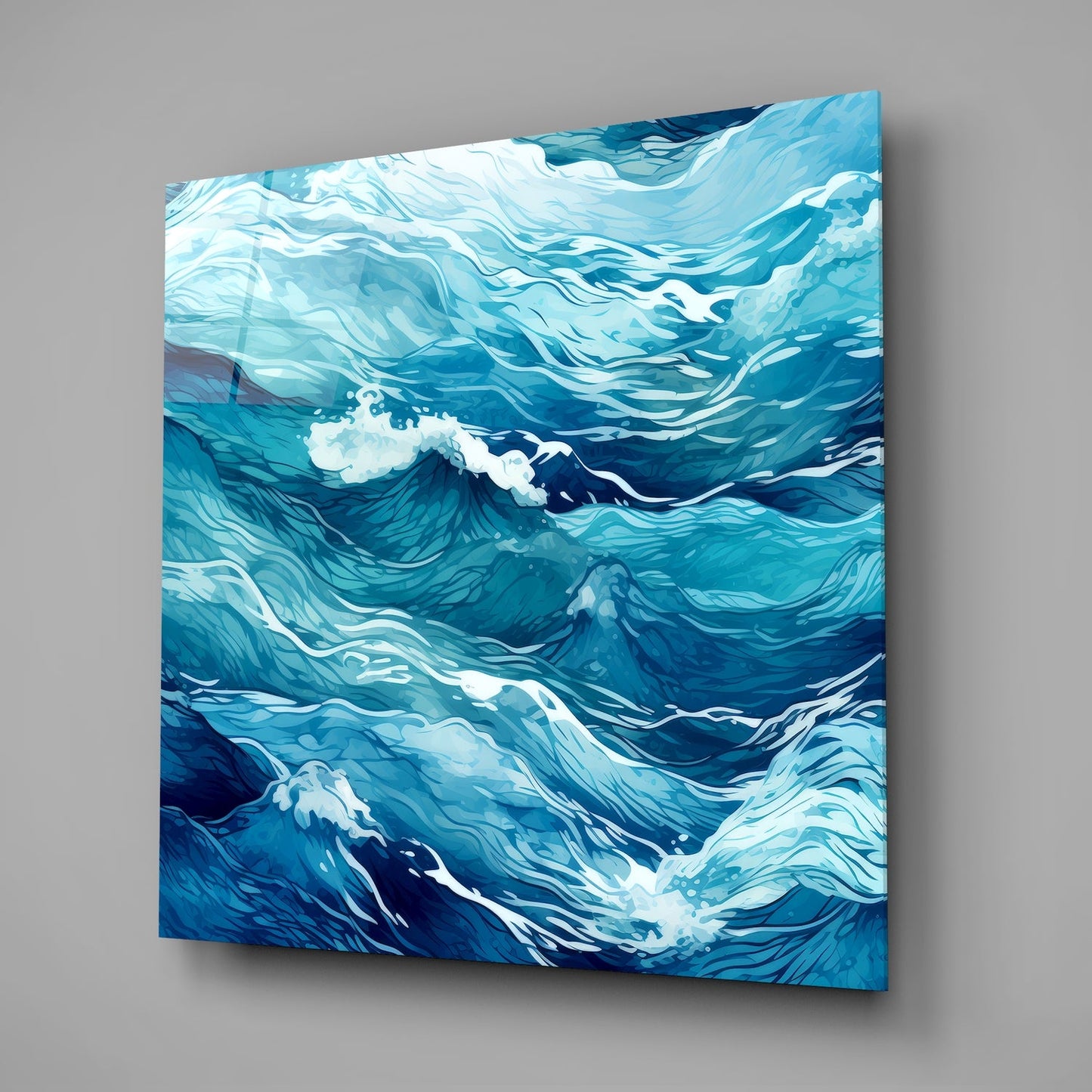 Rippling Blue Sea Line Waves Glass Wall Art