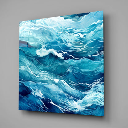 Rippling Blue Sea Line Waves Glass Wall Art