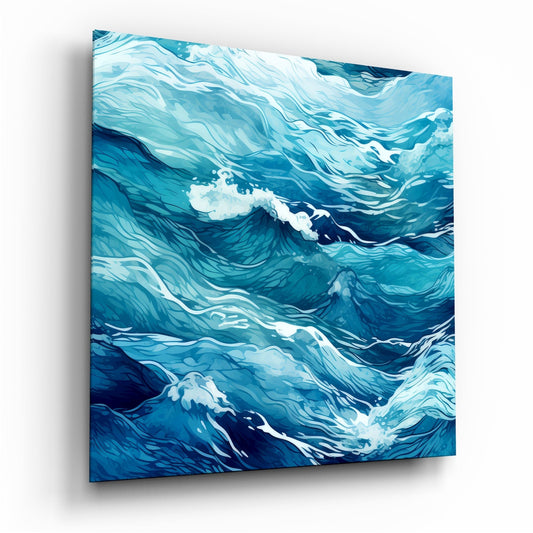 Angled view of a glass art panel displaying layered blue and white waves with dynamic brushstroke patterns in varying shades of turquoise and navy.