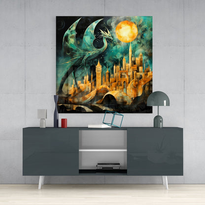 Teal Dragon Over Golden City Moon Glass Wall Art