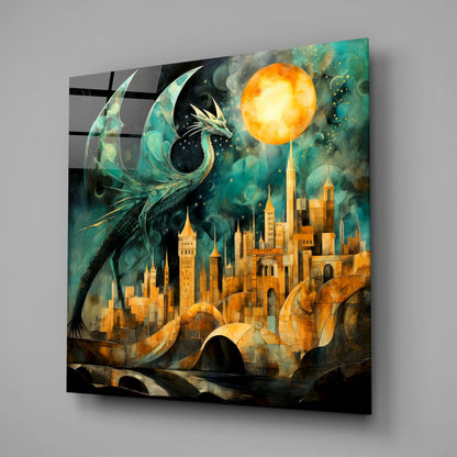 Teal Dragon Over Golden City Moon Glass Wall Art