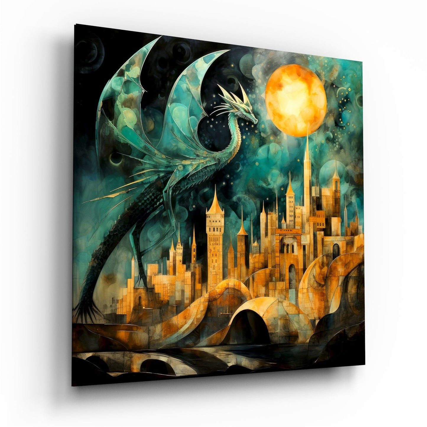 Teal Dragon Over Golden City Moon Glass Wall Art