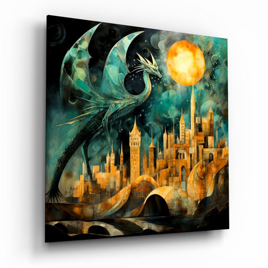 Angled perspective view of glass wall art displaying a teal dragon hovering over a golden cityscape beneath a glowing yellow moon against turquoise and black background.