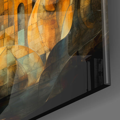 Teal Dragon Over Golden City Moon Glass Wall Art
