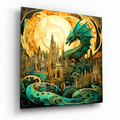 Green Dragon Coiled Over Spired City Glass Wall Art