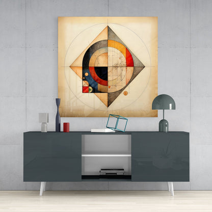 Geometric glass wall art with abstract shapes in red, black, orange, and blue mounted above a dark console table with decorative objects.