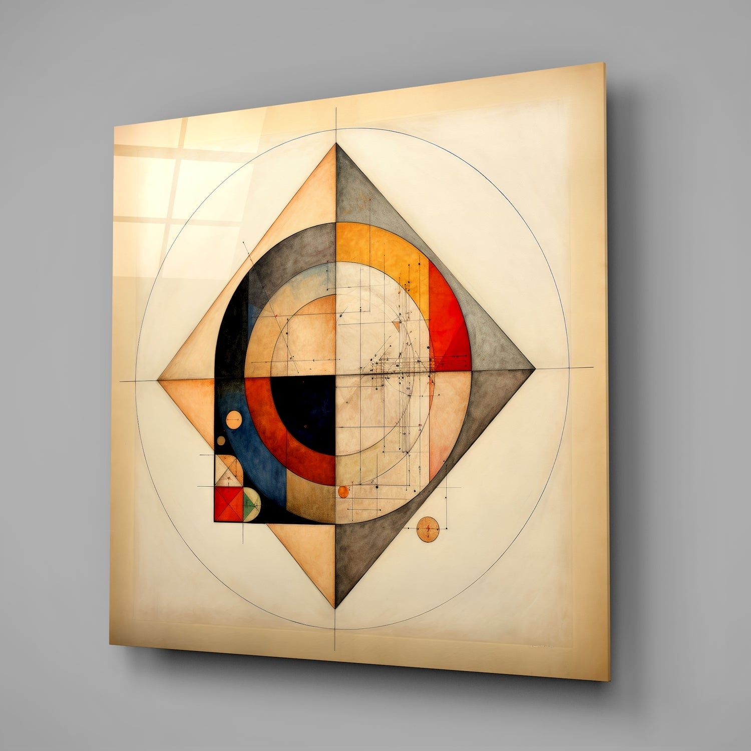 Geometric glass wall art featuring concentric circles and diamond shapes in orange, red, black, and gray tones with gridline overlay on cream background.