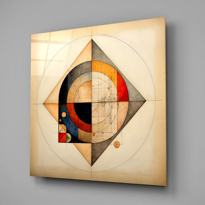 Geometric glass wall art featuring concentric circles and diamond shapes in orange, red, black, and gray tones with gridline overlay on cream background.