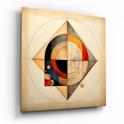 Abstract geometric glass wall art featuring concentric circles and diamond shapes with earth tones, red, navy, and black on cream background.