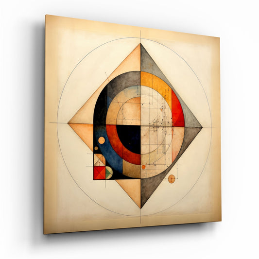 Abstract geometric glass wall art featuring concentric circles and diamond shapes with earth tones, red, navy, and black on cream background.
