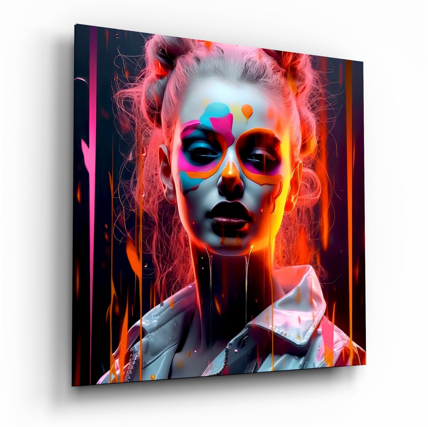 Neon Paint Splash Woman Pink Hair Glass Wall Art