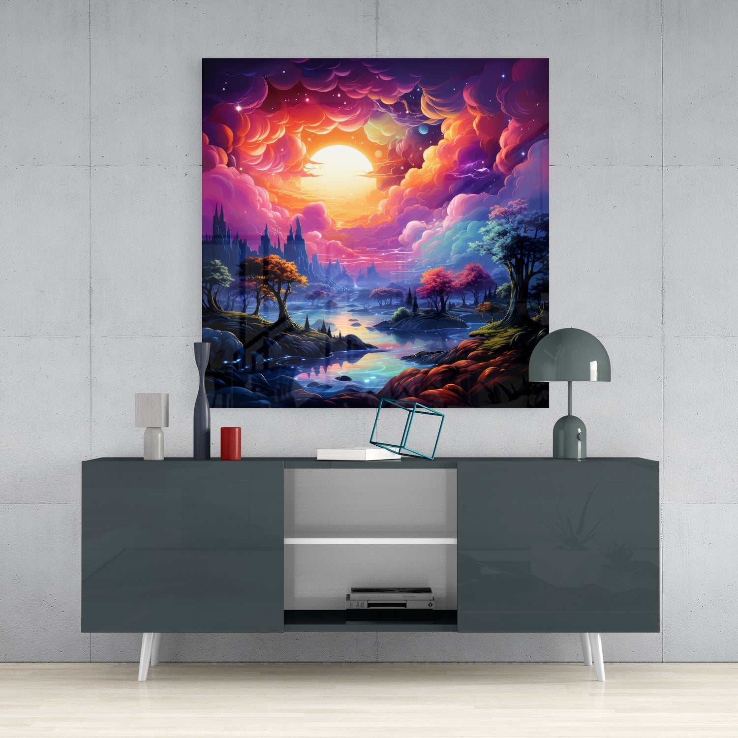 Dreamland Glass Wall Art displayed above a dark gray media console, showing a vibrant fantasy landscape with glowing sunset, purple clouds, castle, and colorful trees reflected in water.