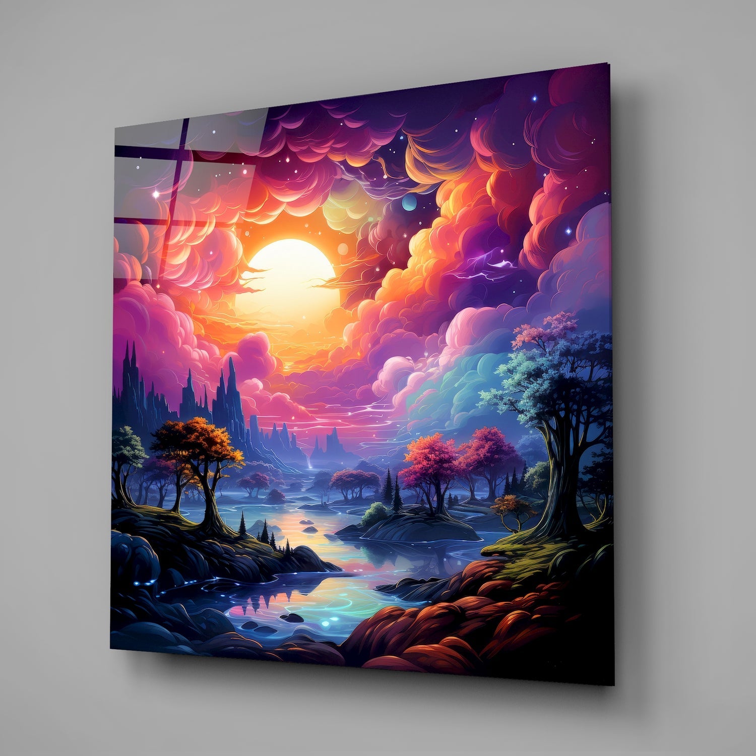 A fantasy landscape glass panel displaying a vibrant sunset with purple and orange clouds, glowing water, and colorful trees, mounted at an angle against a gray wall.