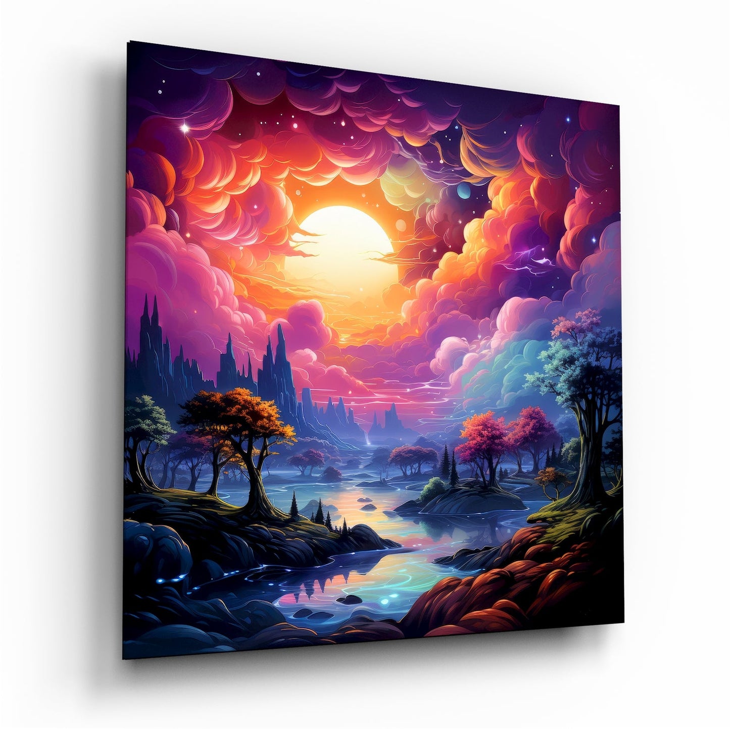 Angled perspective view of glass wall art depicting a fantasy landscape with vibrant sunset, colorful clouds, river, trees, and castle silhouette against bright sun.