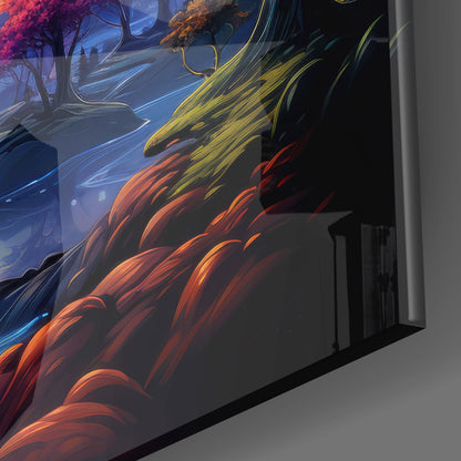 Angled view of glass wall art displaying abstract flowing design in orange, red, yellow, and blue tones with forest landscape elements.