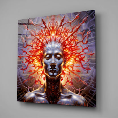 Square glass wall art displaying a metallic face with glowing red tentacle-like hair against purple geometric background, mounted at angle.