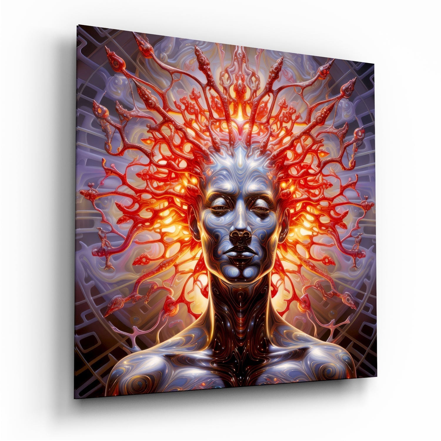 Glass wall art panel displaying a sculptural face with glowing red neural tendrils radiating from the head against purple background, angled perspective view.