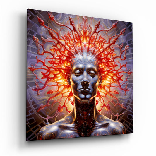 Glass wall art panel displaying a sculptural face with glowing red neural tendrils radiating from the head against purple background, angled perspective view.