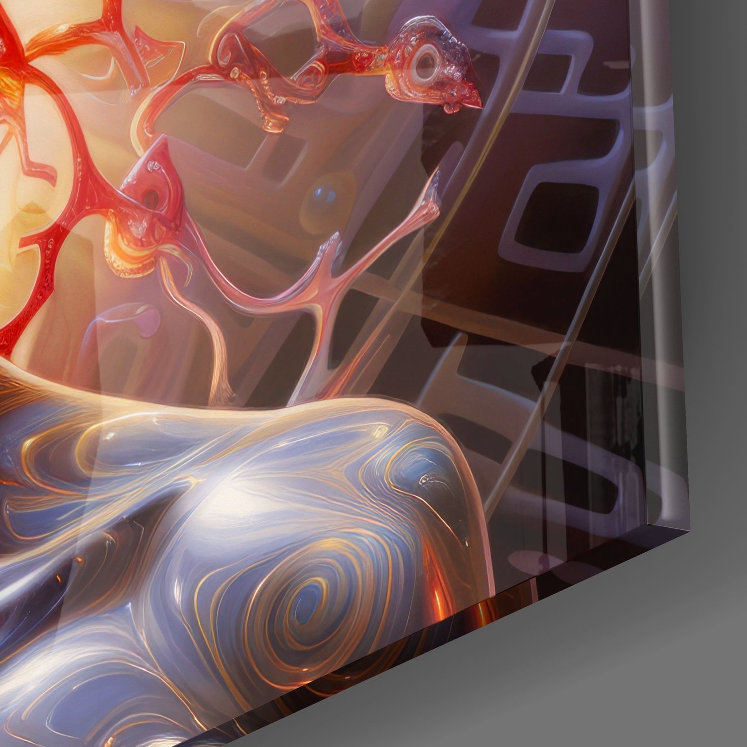 Close-up angled view of glass wall art featuring red neon-style organic shapes above blue and gold swirled circular patterns, mounted on white geometric wall fixture.