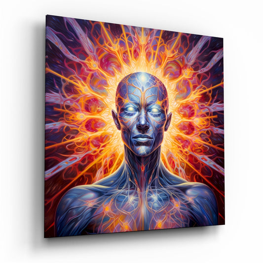 Blue humanoid figure with glowing eyes surrounded by swirling orange and red energy flames on glass panel, angled perspective view.