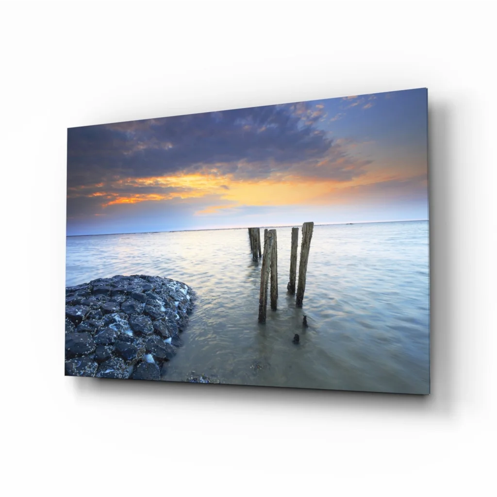 Stunning Sunset Glass Wall Art with Wooden Pilings and Rocks | Insigneart USA | vintageantiquesgifts.com