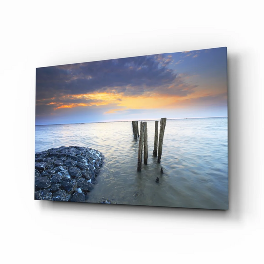 Stunning Sunset Glass Wall Art with Wooden Pilings and Rocks | Insigneart USA | vintageantiquesgifts.com