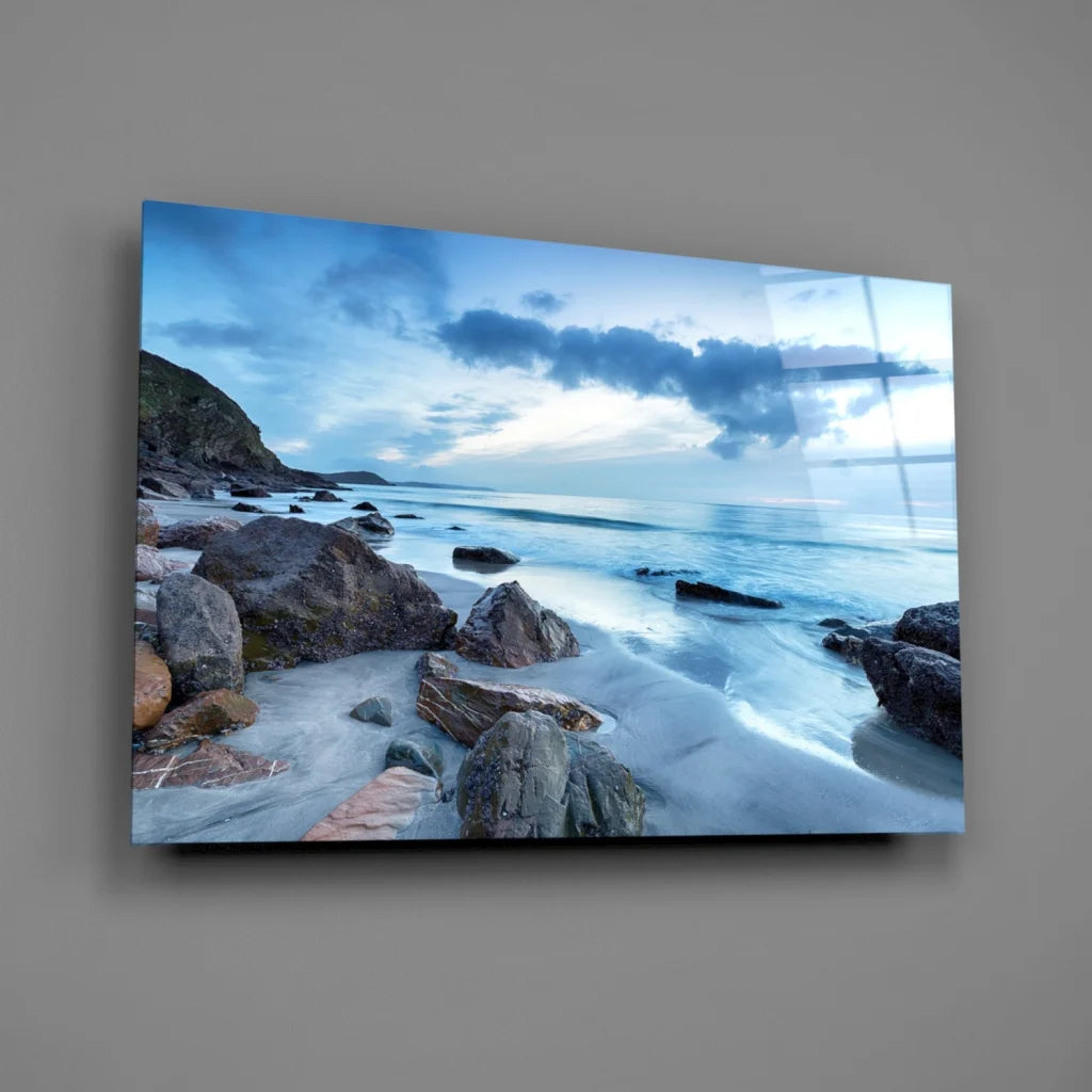 Stunning blue coastal glass wall art print on glossy acrylic panel