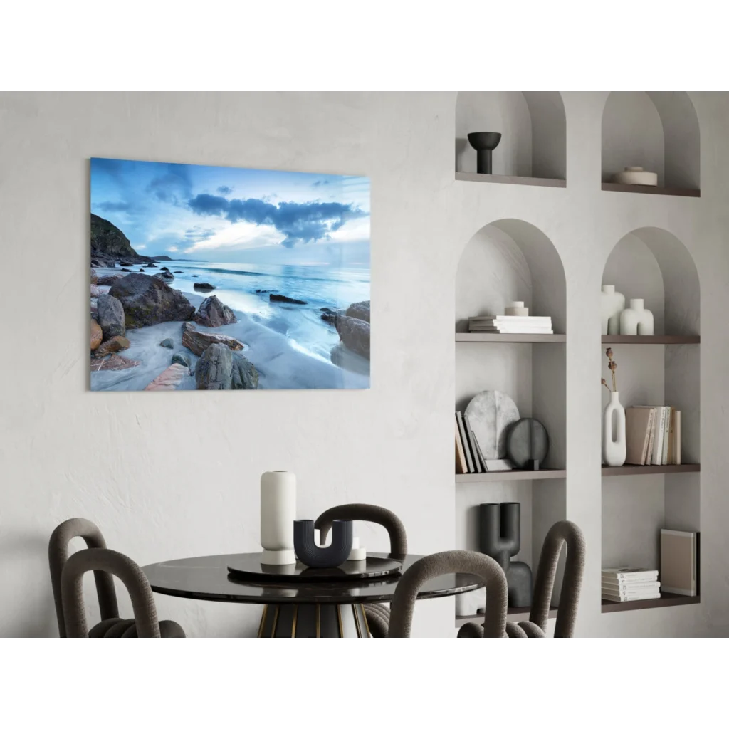 Stunning blue coastal glass wall art print on acrylic panel