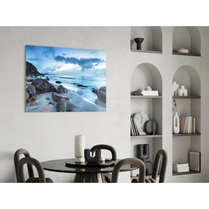 Stunning blue coastal glass wall art print on acrylic panel