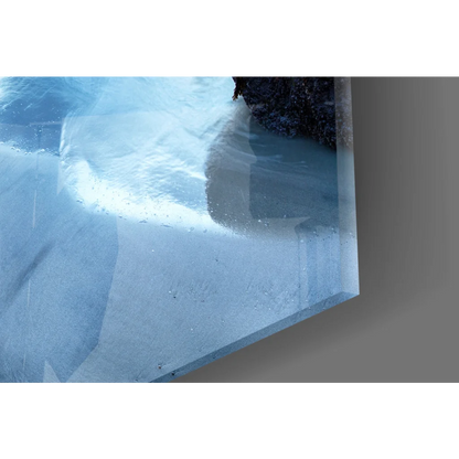 Stunning blue coastal glass wall art with submerged rock and glitter