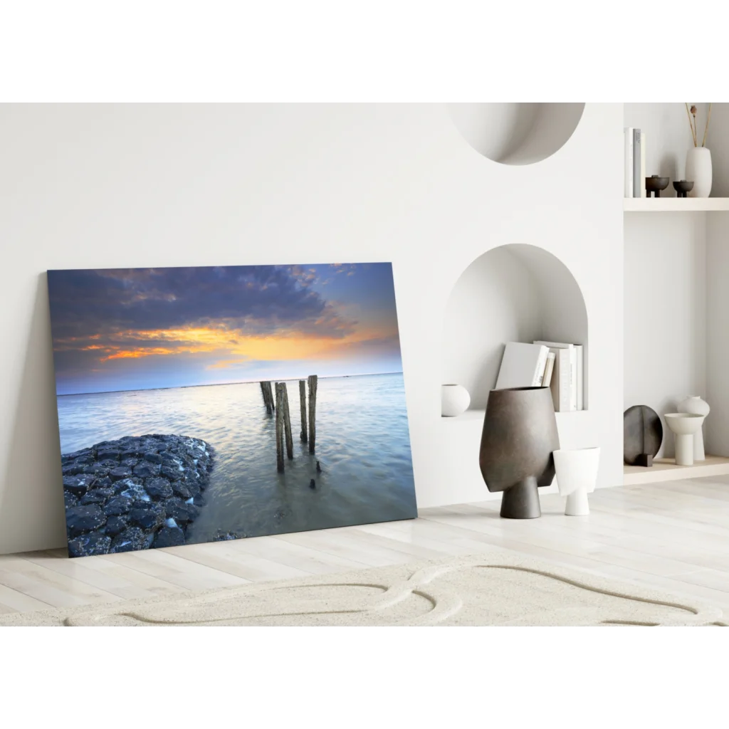 Stunning Sunset Glass Wall Art with Wooden Pilings and Rocks | Modern Wall Art Decor | vintageantiquesgifts.com