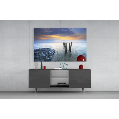 Vibrant red dome lamp in stunning sunset glass wall art scene