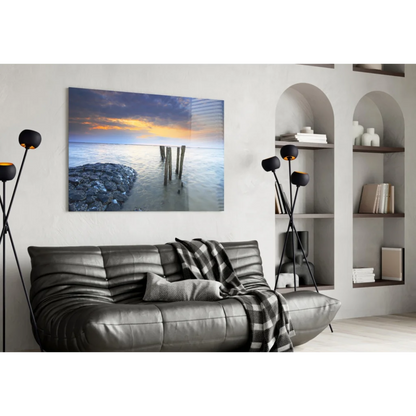 Stunning Sunset Glass Wall Art with Wooden Pilings and Rocks | Contemporary Home Wall Art | vintageantiquesgifts.com