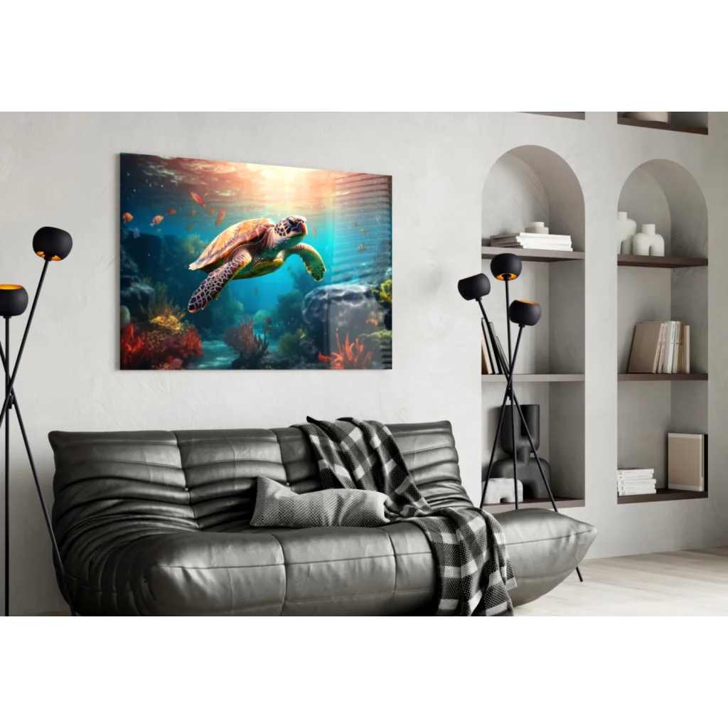 Vibrant green sea turtle in colorful coral on Sea Turtle Paradise glass wall art