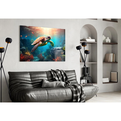 Vibrant green sea turtle in colorful coral on Sea Turtle Paradise glass wall art