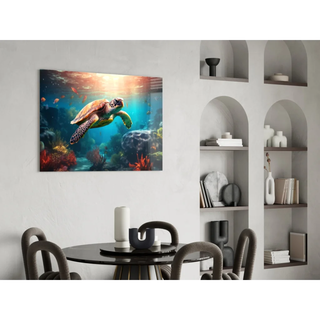 Vibrant green sea turtle in colorful coral on glass wall art canvas