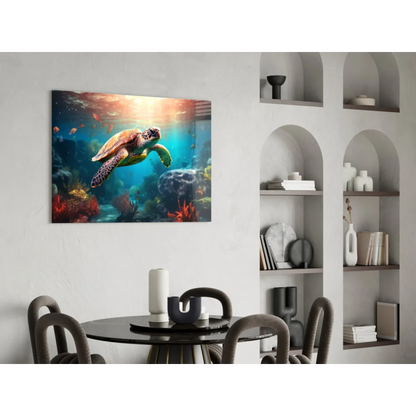 Vibrant green sea turtle in colorful coral on glass wall art canvas