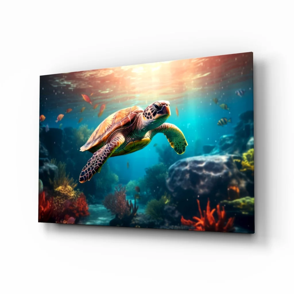 Vibrant green sea turtle in coral reefs on Sea Turtle Paradise glass wall art