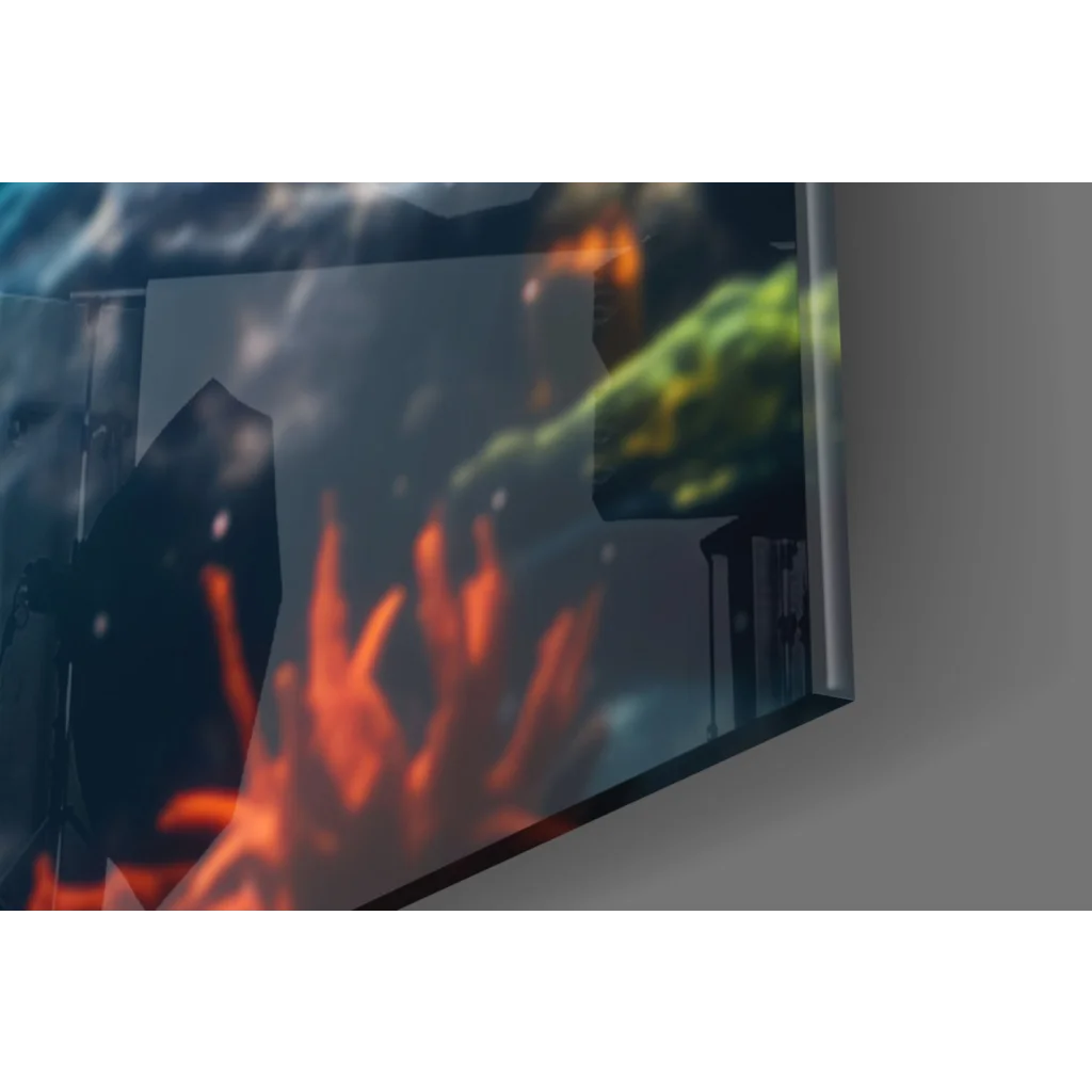 Vibrant sea turtle paradise glass wall art on sleek TV screen