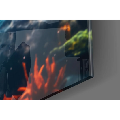 Vibrant sea turtle paradise glass wall art on sleek TV screen