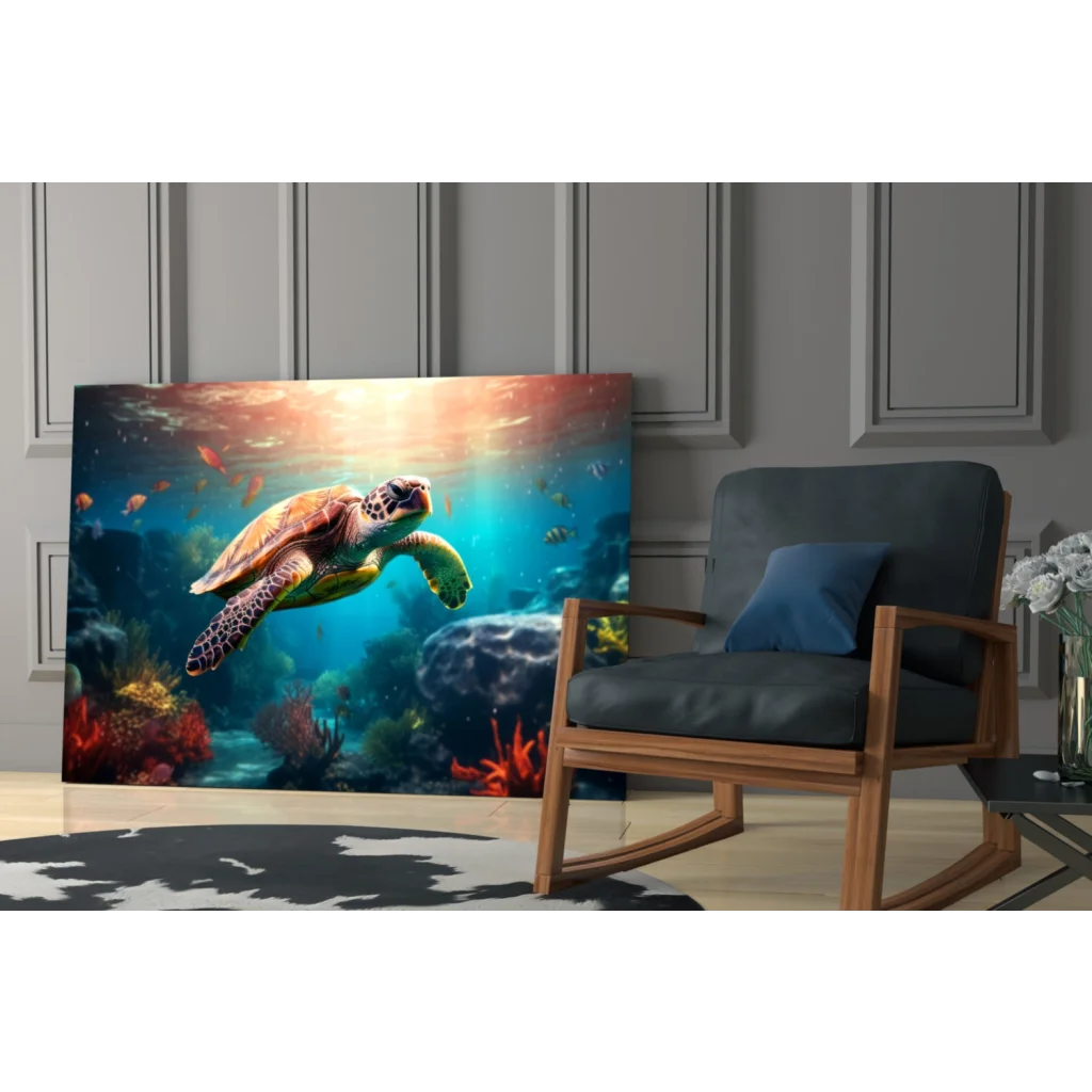 Vibrant green sea turtle in coral reefs on glass wall art canvas